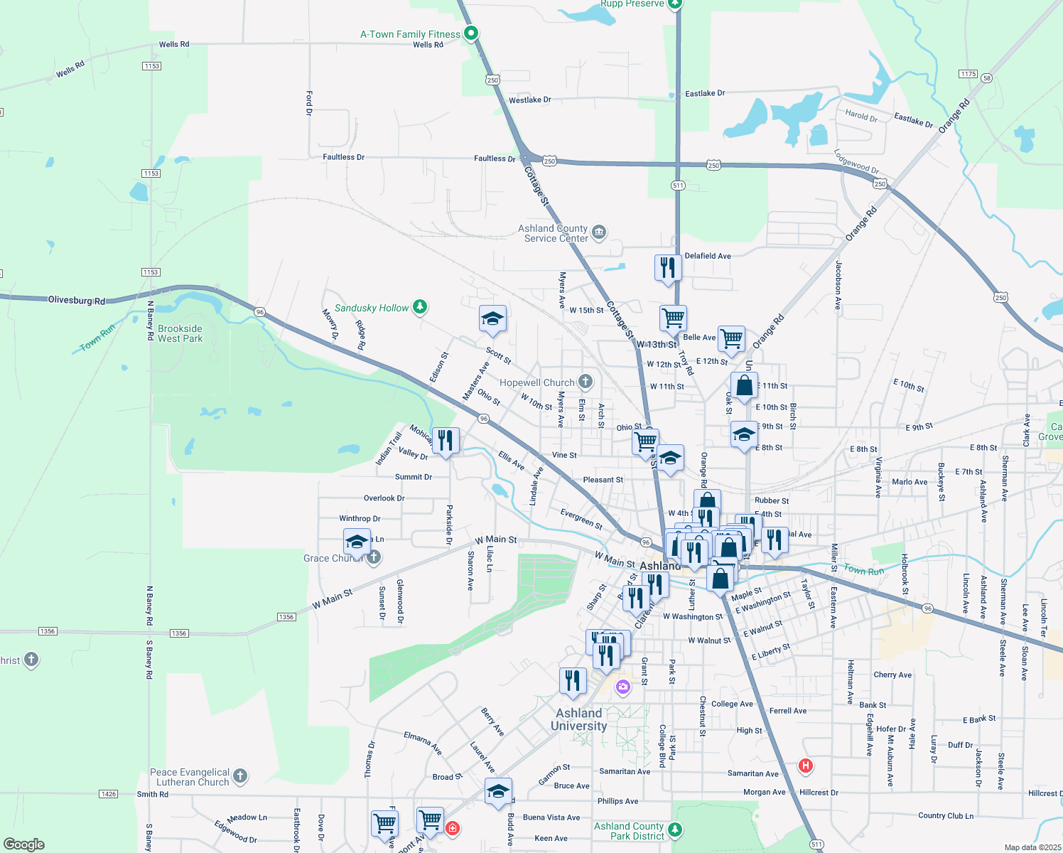 map of restaurants, bars, coffee shops, grocery stores, and more near 711 Ohio St in Ashland