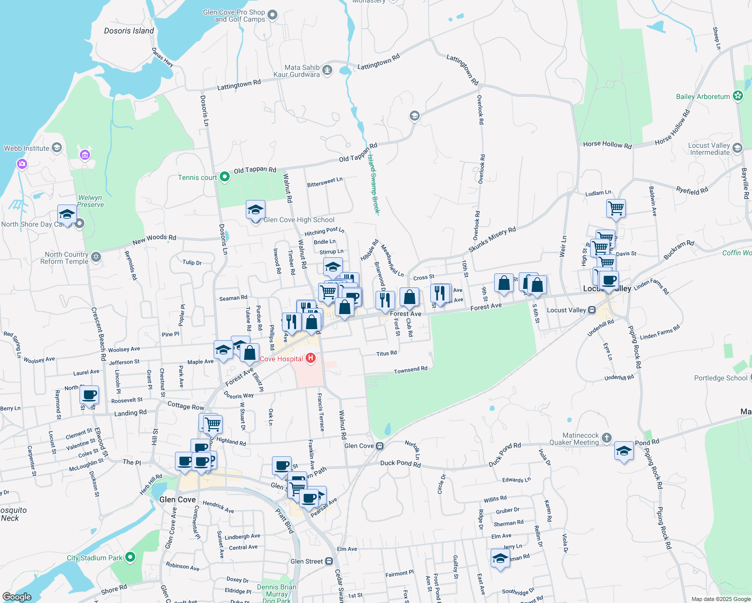 map of restaurants, bars, coffee shops, grocery stores, and more near 4 Driftwood Drive in Glen Cove