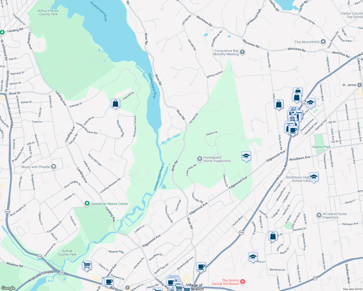 map of restaurants, bars, coffee shops, grocery stores, and more near 300 River Road in Saint James