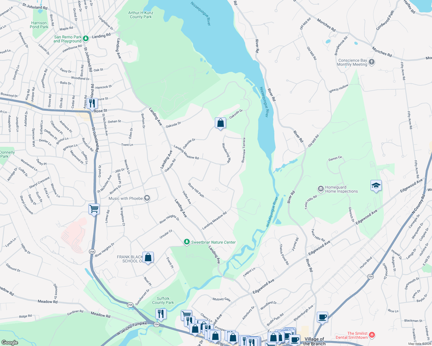 map of restaurants, bars, coffee shops, grocery stores, and more near 149 Landing Meadow Road in Smithtown