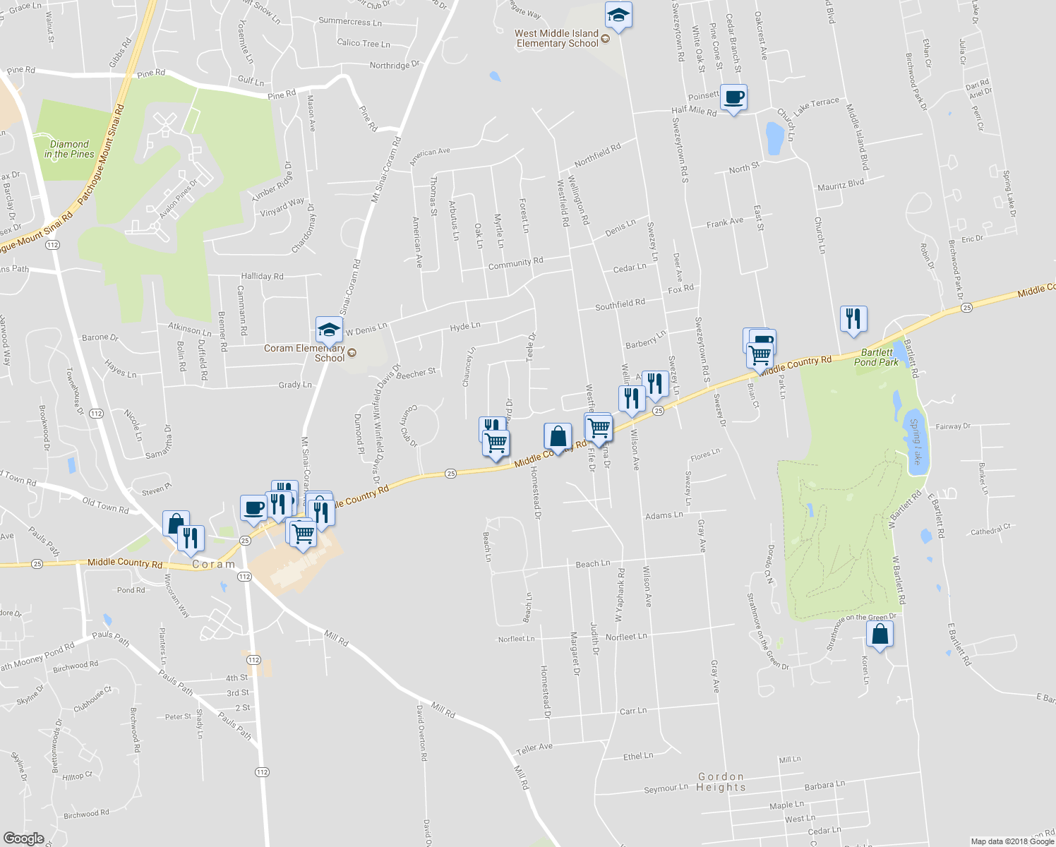 map of restaurants, bars, coffee shops, grocery stores, and more near 4 Clunan Drive in Coram