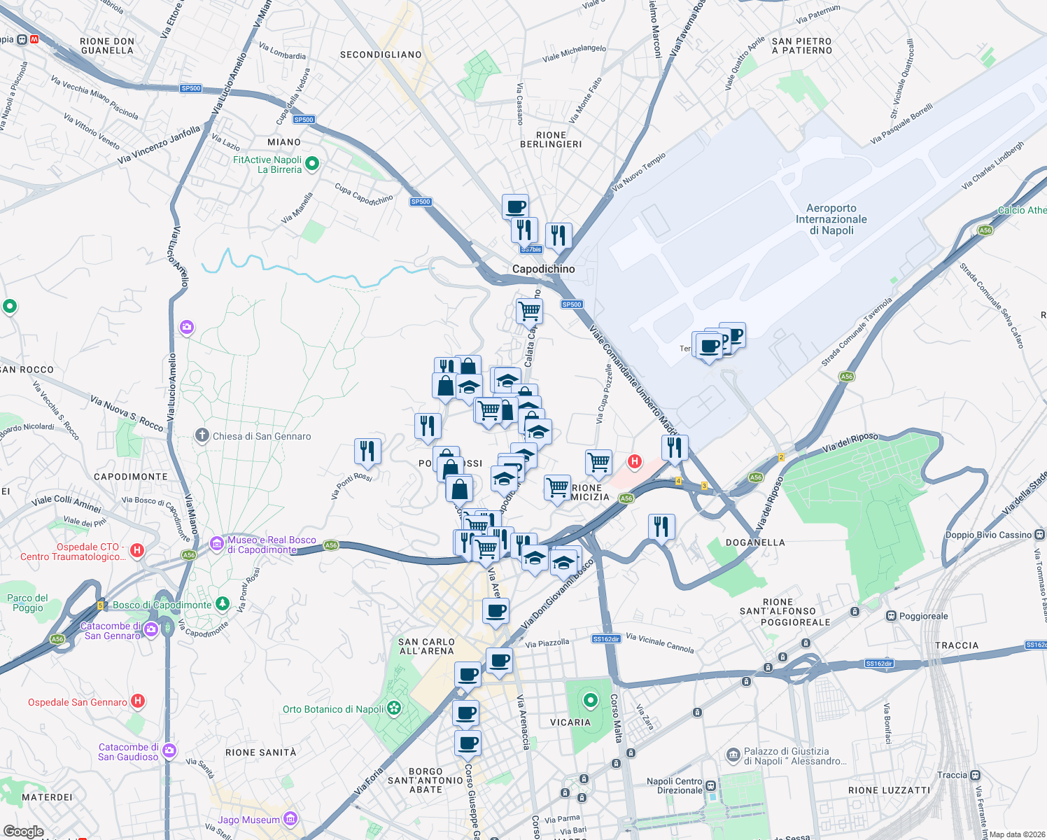 map of restaurants, bars, coffee shops, grocery stores, and more near 224 Calata Capodichino in Napoli