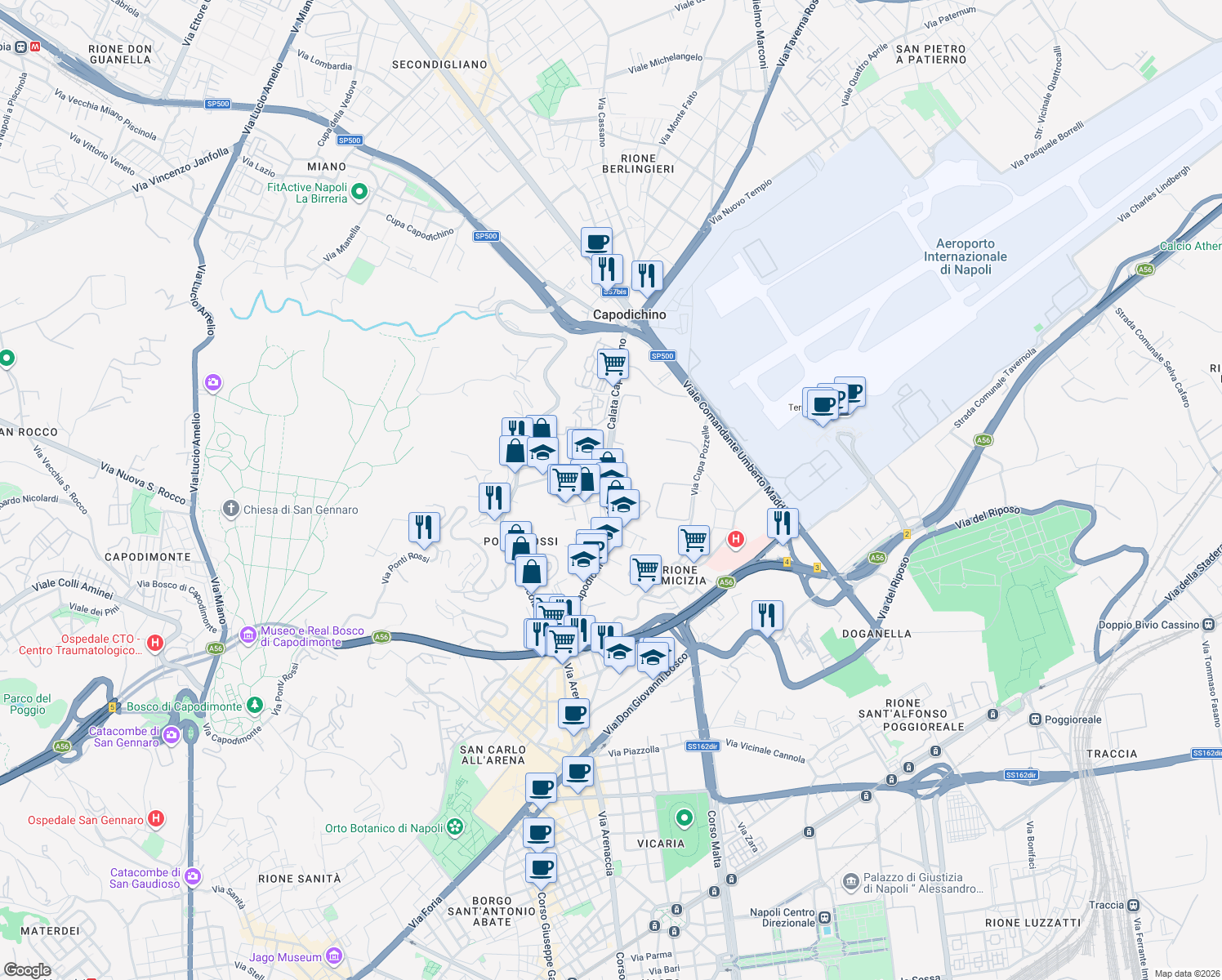map of restaurants, bars, coffee shops, grocery stores, and more near 224 Calata Capodichino in Napoli