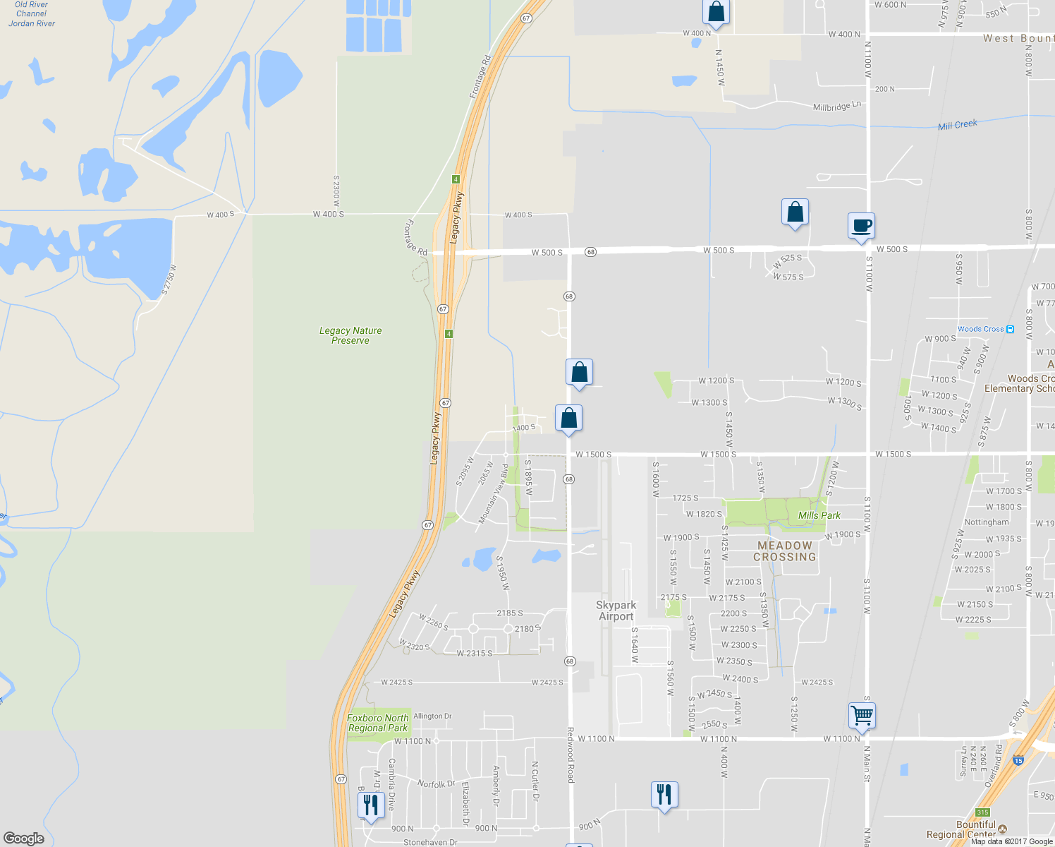 map of restaurants, bars, coffee shops, grocery stores, and more near 1349 South Mountain Crest Drive in Woods Cross