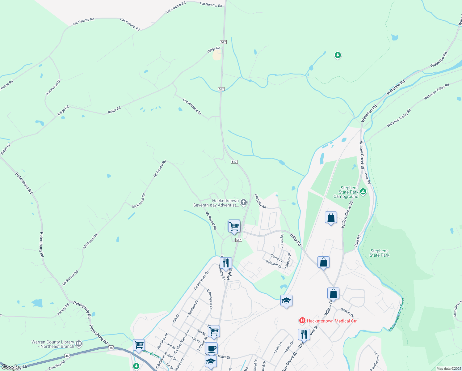 map of restaurants, bars, coffee shops, grocery stores, and more near 4 Ridge Lane in Hackettstown