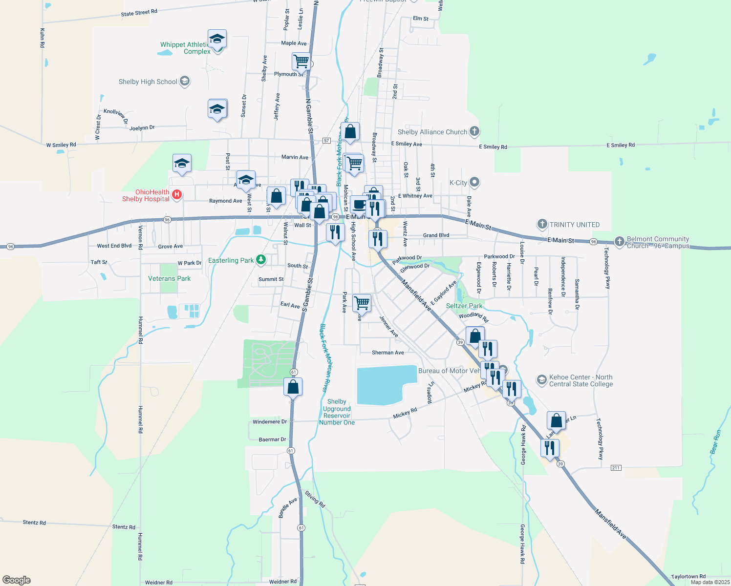 map of restaurants, bars, coffee shops, grocery stores, and more near 63 East Tucker Avenue in Shelby