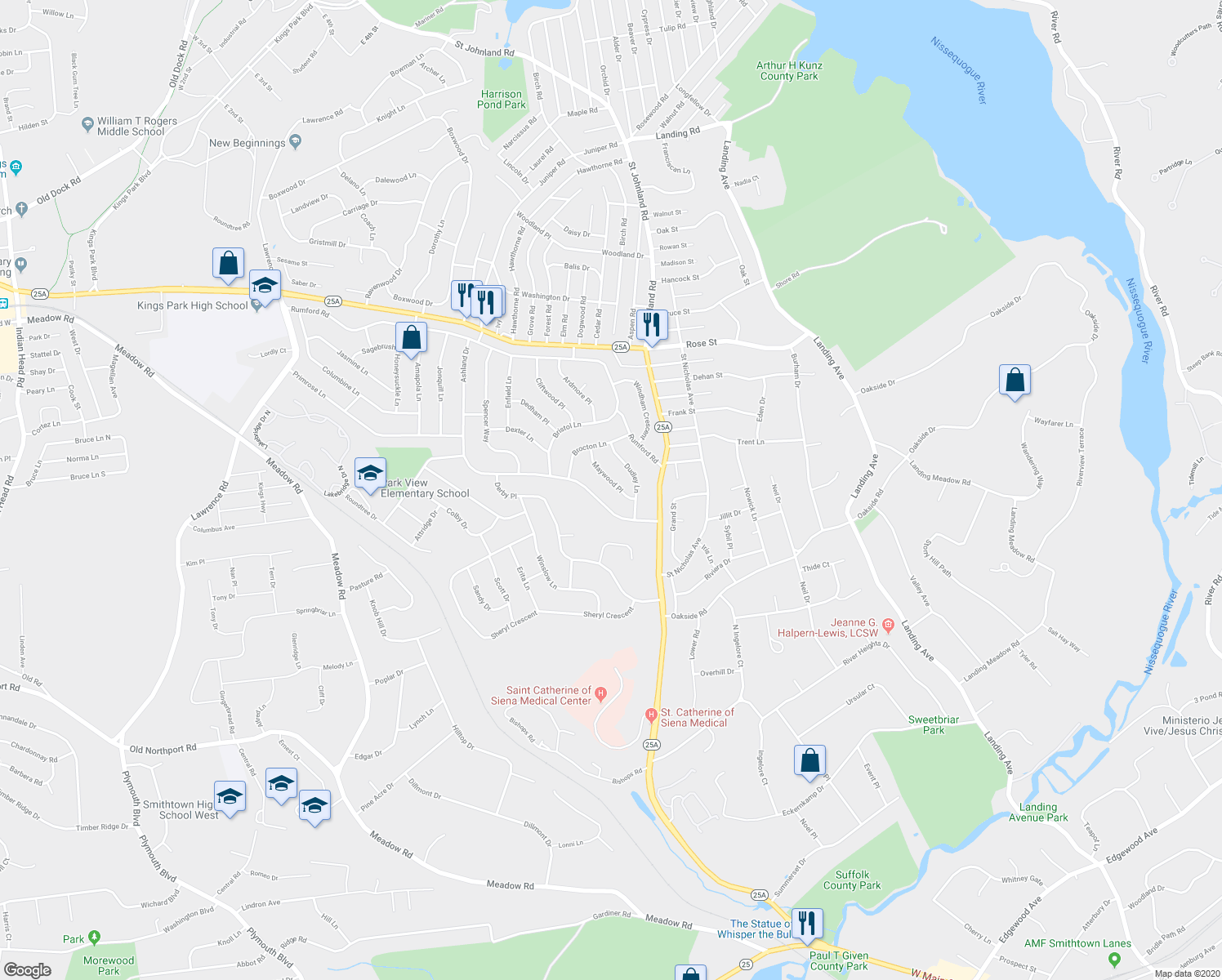 map of restaurants, bars, coffee shops, grocery stores, and more near 10 Maywood Place in Kings Park