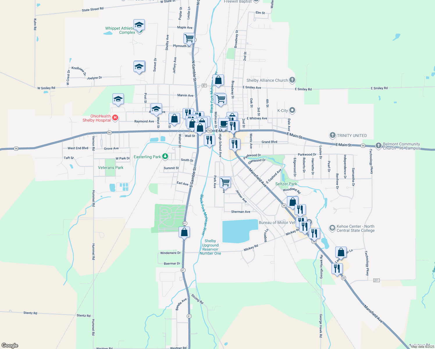 map of restaurants, bars, coffee shops, grocery stores, and more near 41 Park Ave in Shelby