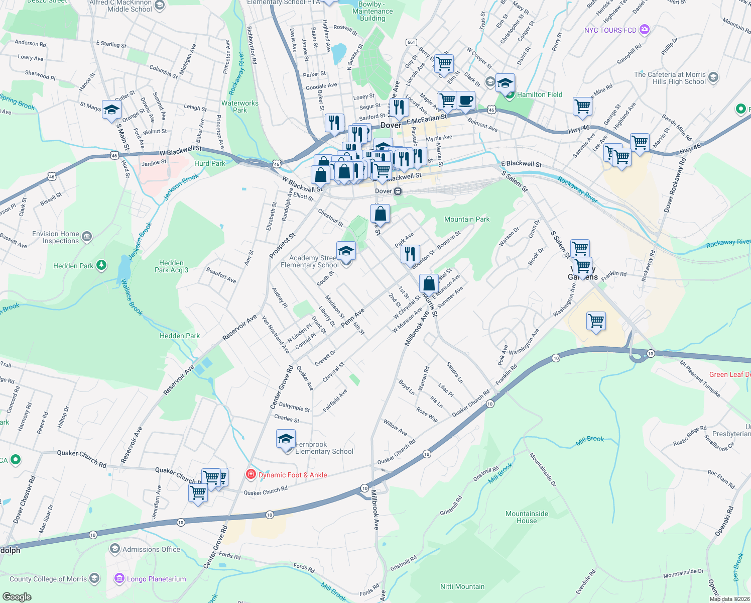 map of restaurants, bars, coffee shops, grocery stores, and more near 70 Penn Ave in Dover