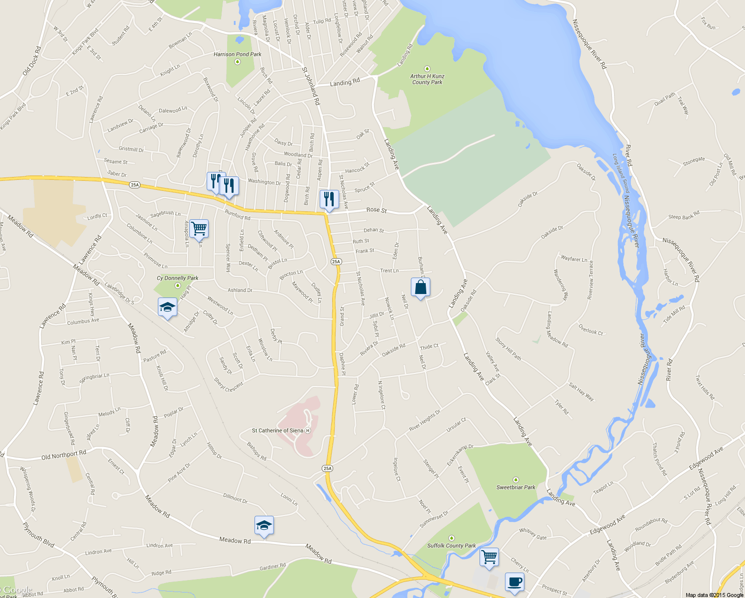 map of restaurants, bars, coffee shops, grocery stores, and more near 7 Henlee Court in Smithtown