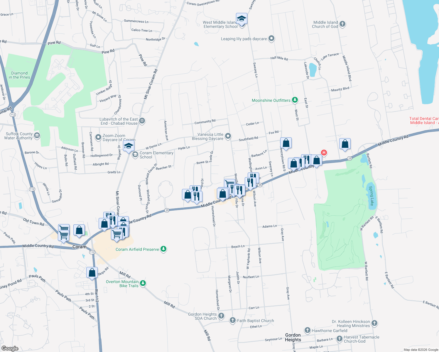 map of restaurants, bars, coffee shops, grocery stores, and more near 6 Hayden Court in Coram