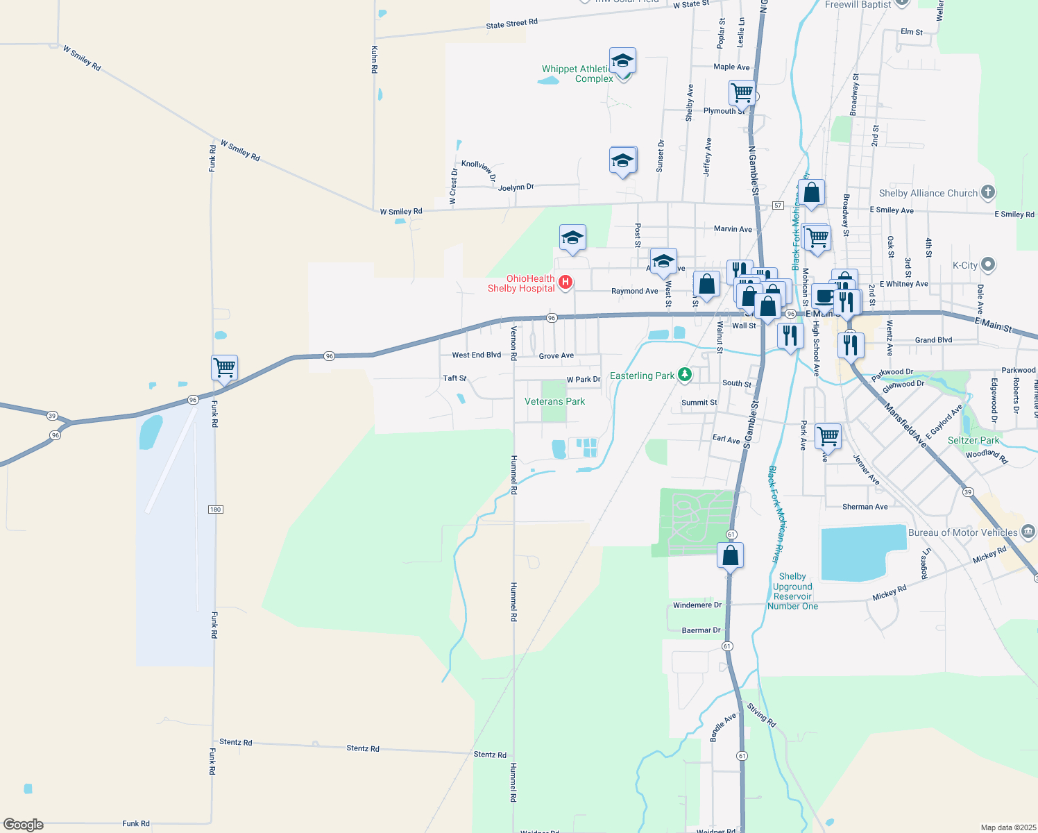 map of restaurants, bars, coffee shops, grocery stores, and more near 61 Vernon Rd in Shelby