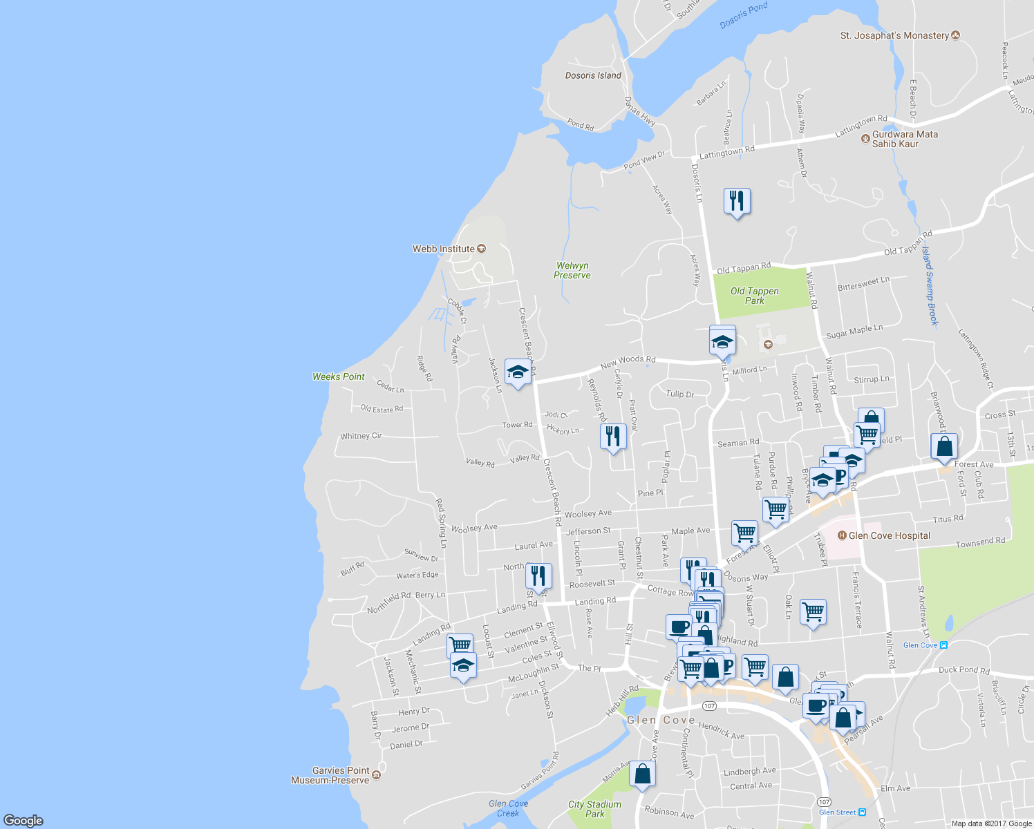 map of restaurants, bars, coffee shops, grocery stores, and more near 73 Crescent Beach Road in Glen Cove