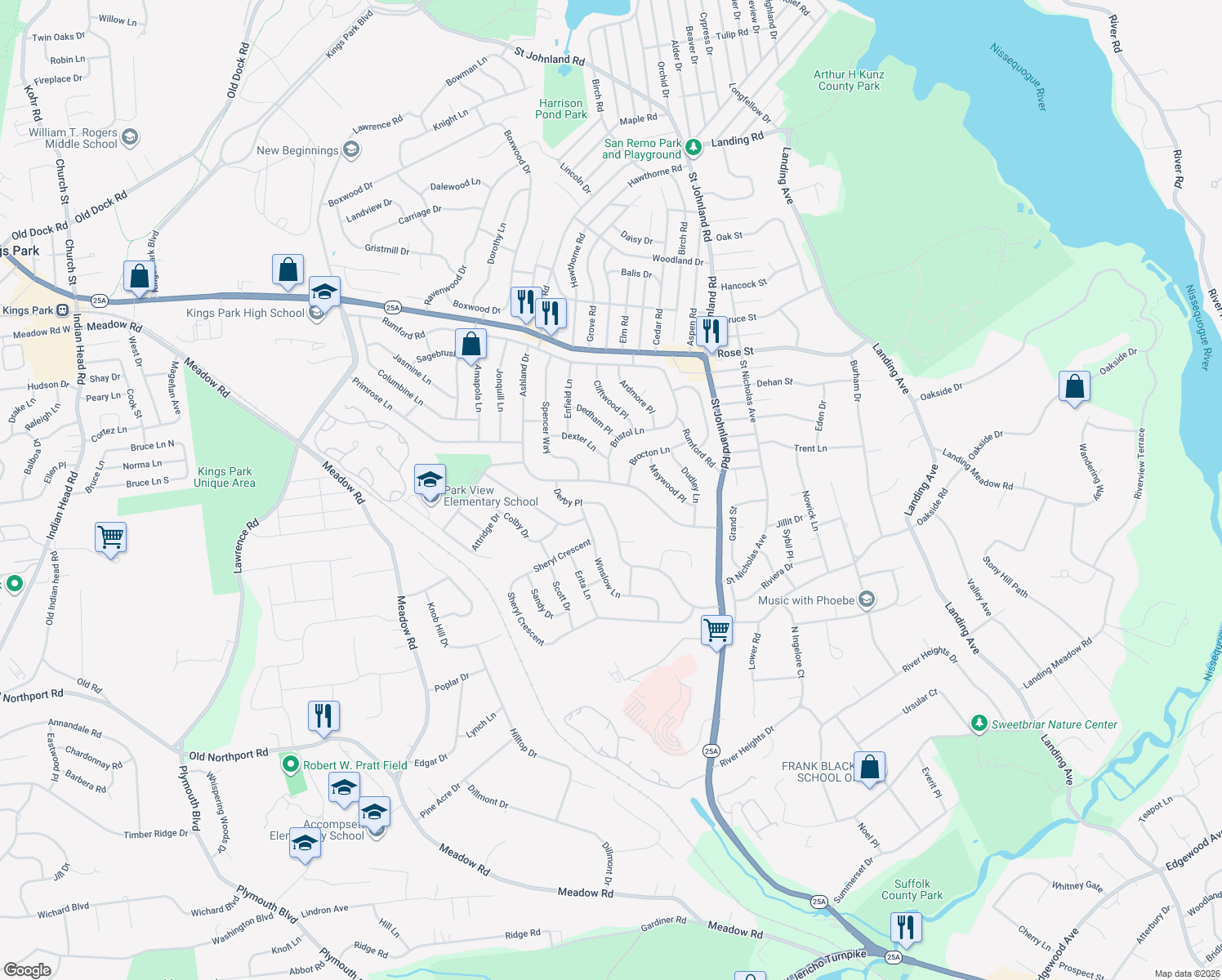 map of restaurants, bars, coffee shops, grocery stores, and more near 2 Ashland Dr in Kings Park