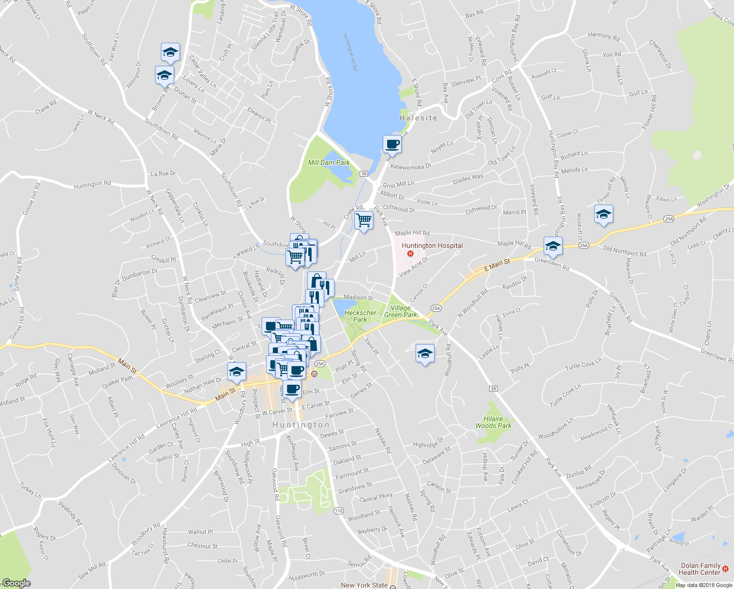 map of restaurants, bars, coffee shops, grocery stores, and more near 2 Valley Street in Huntington
