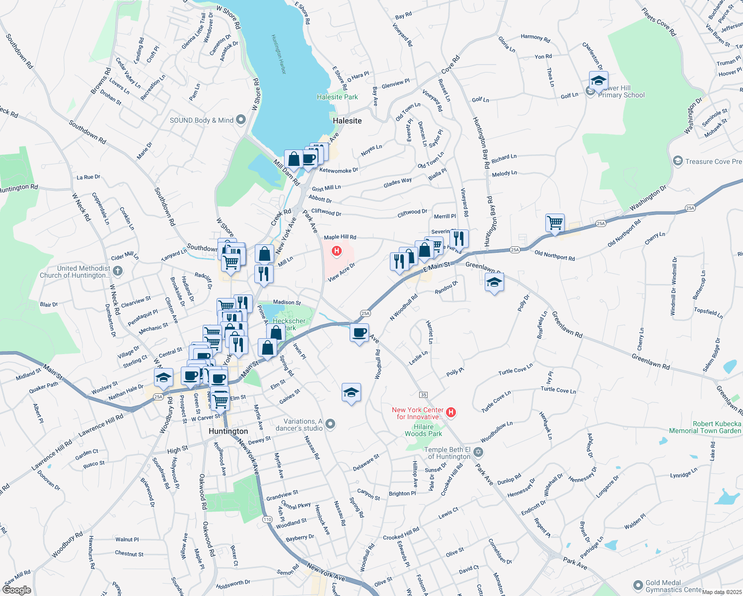 map of restaurants, bars, coffee shops, grocery stores, and more near 35 East Main Street in Huntington