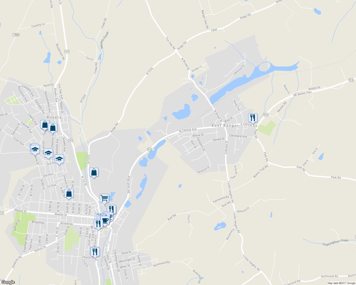 map of restaurants, bars, coffee shops, grocery stores, and more near 515 Blaine Street in Bangor