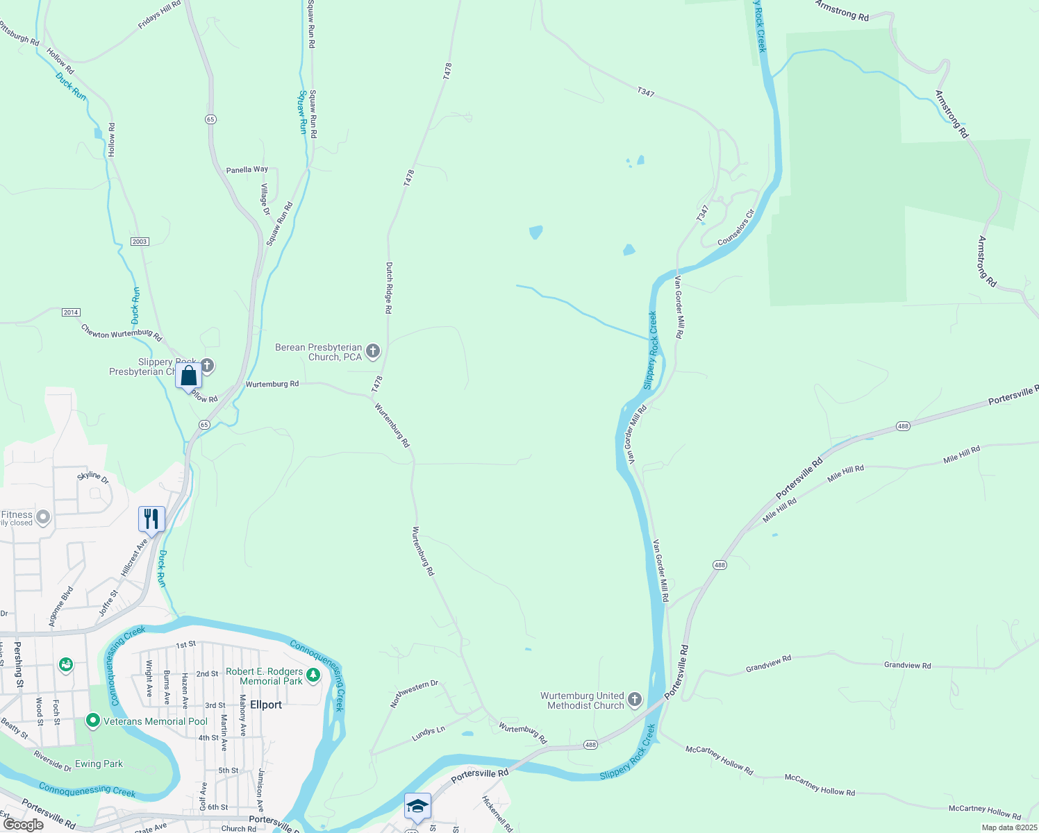 map of restaurants, bars, coffee shops, grocery stores, and more near in Ellwood City