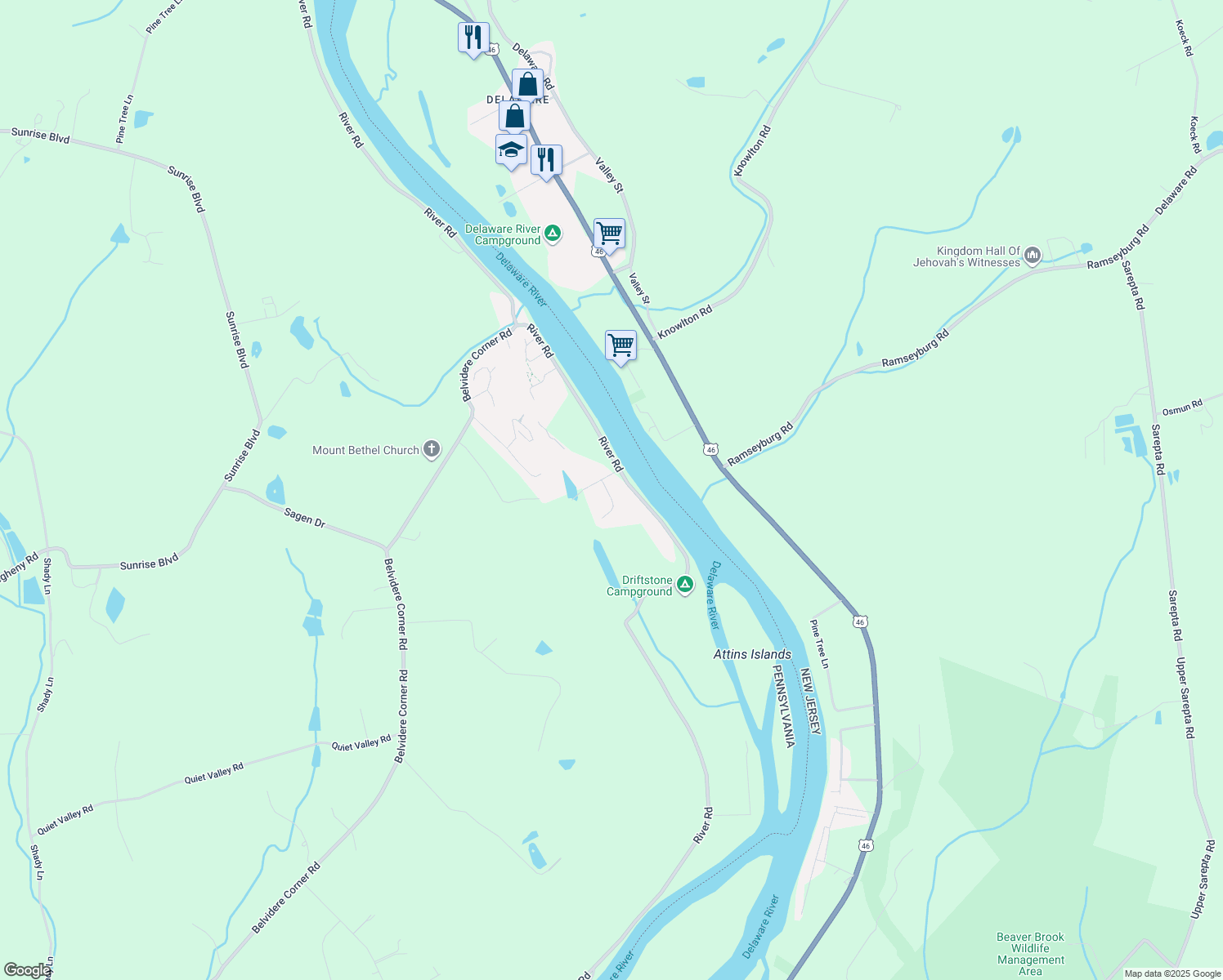 map of restaurants, bars, coffee shops, grocery stores, and more near 18 Meadow Drive in Mount Bethel