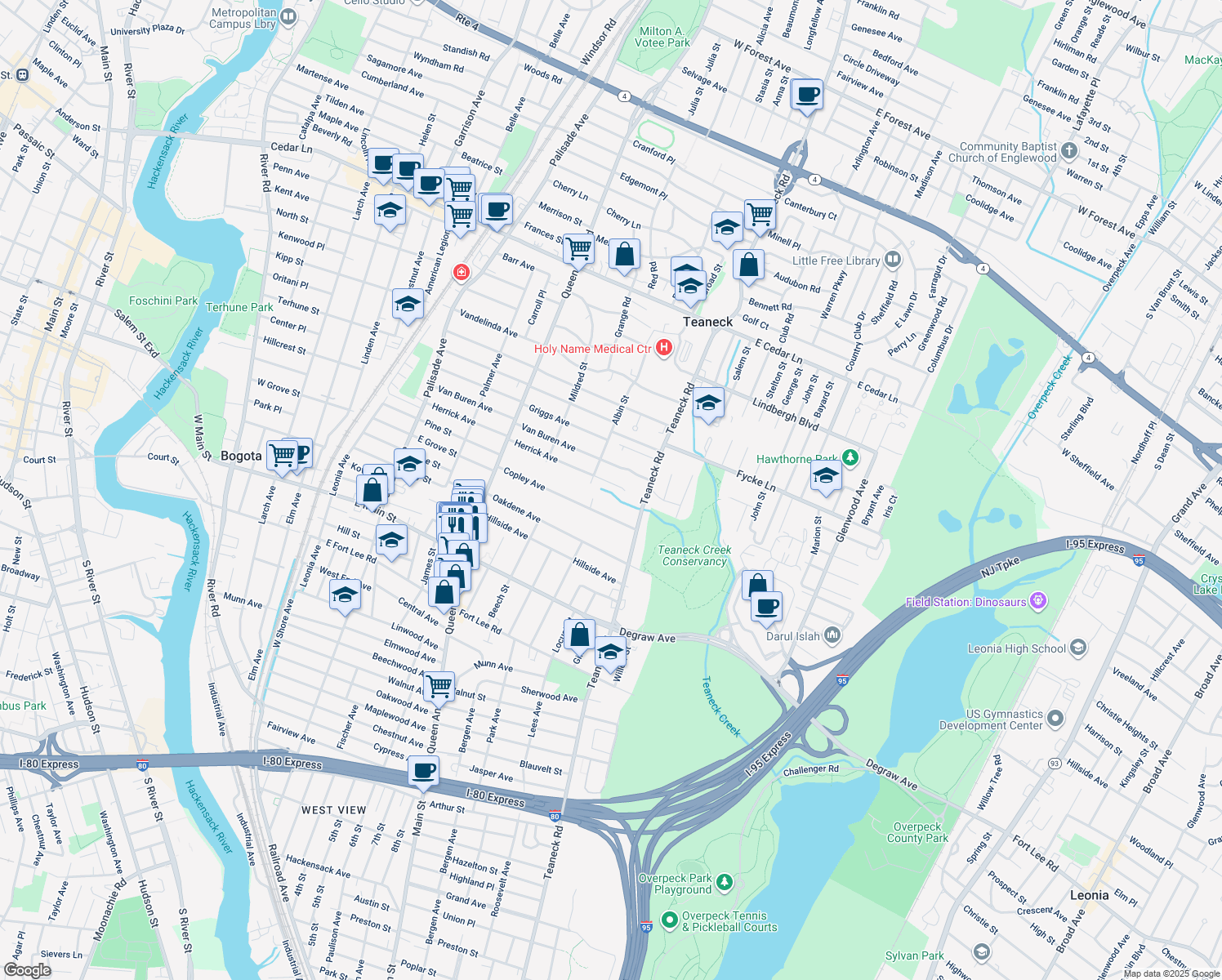map of restaurants, bars, coffee shops, grocery stores, and more near 46 Herrick Avenue in Teaneck