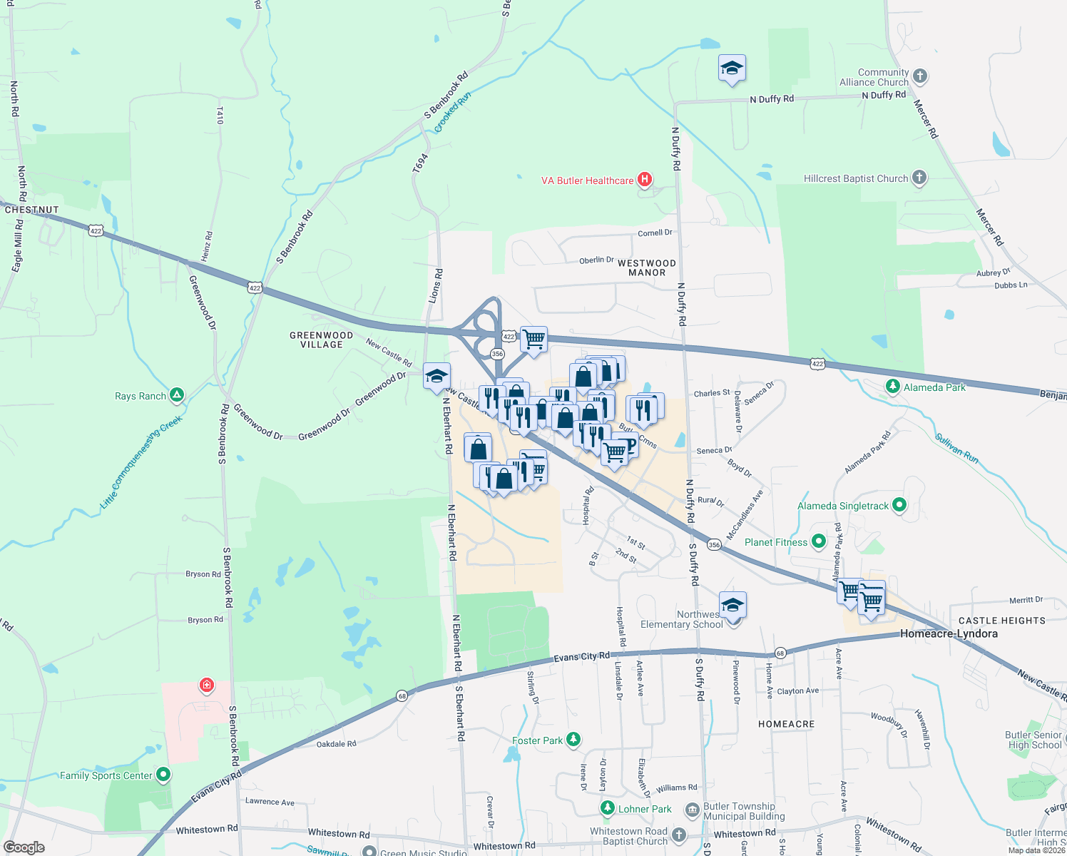 map of restaurants, bars, coffee shops, grocery stores, and more near 358 New Castle Rd in Butler