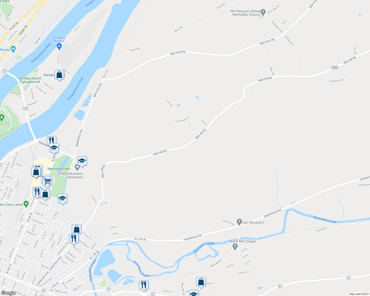 map of restaurants, bars, coffee shops, grocery stores, and more near 1574 Mile Hill Road in Sunbury