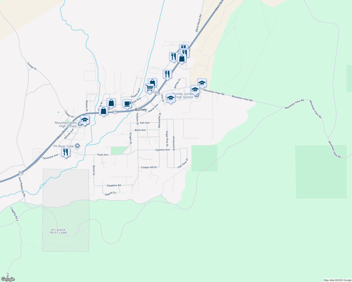 map of restaurants, bars, coffee shops, grocery stores, and more near 20251 Arrowood St in Burney
