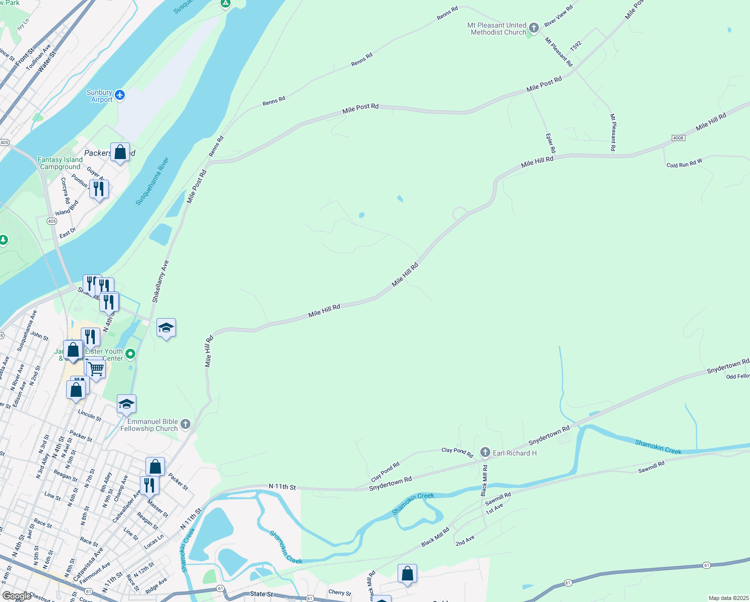 map of restaurants, bars, coffee shops, grocery stores, and more near 1574 Mile Hill Road in Sunbury