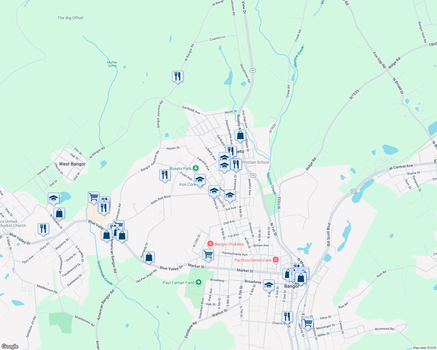 map of restaurants, bars, coffee shops, grocery stores, and more near 306 Lincoln Avenue in Bangor