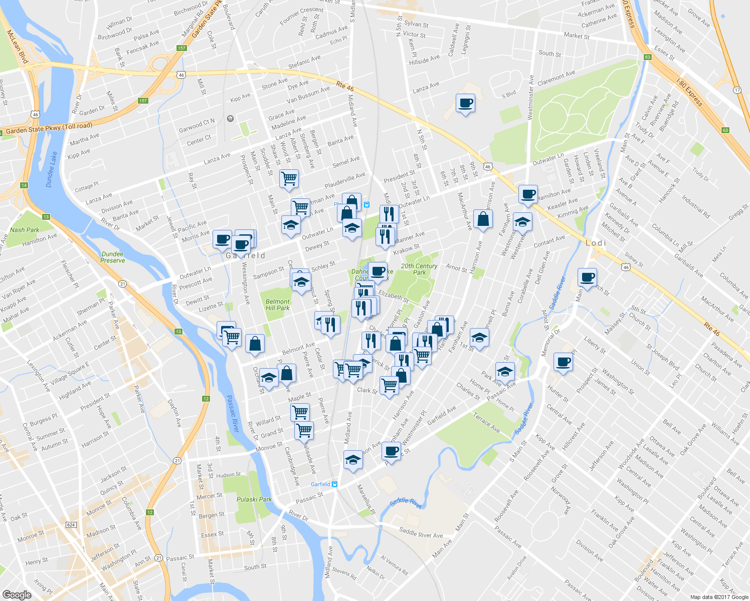 map of restaurants, bars, coffee shops, grocery stores, and more near 440 Midland Avenue in Garfield