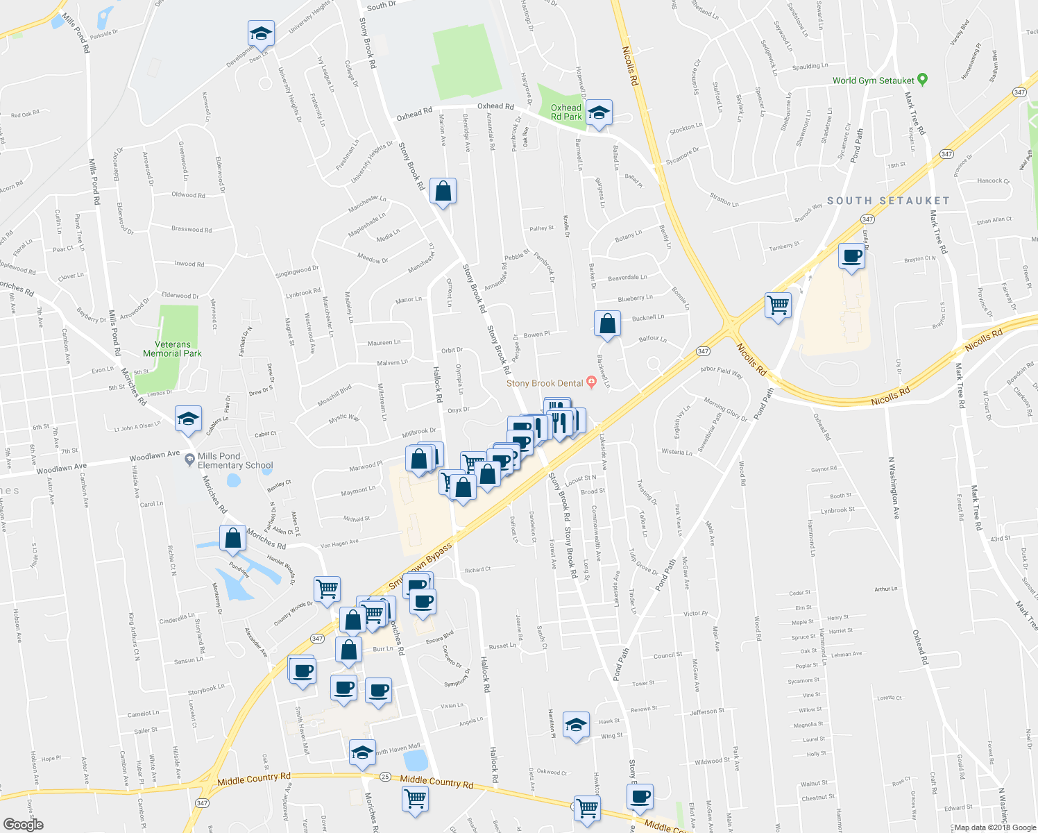 map of restaurants, bars, coffee shops, grocery stores, and more near 209 Strathmore Gate Drive in Stony Brook