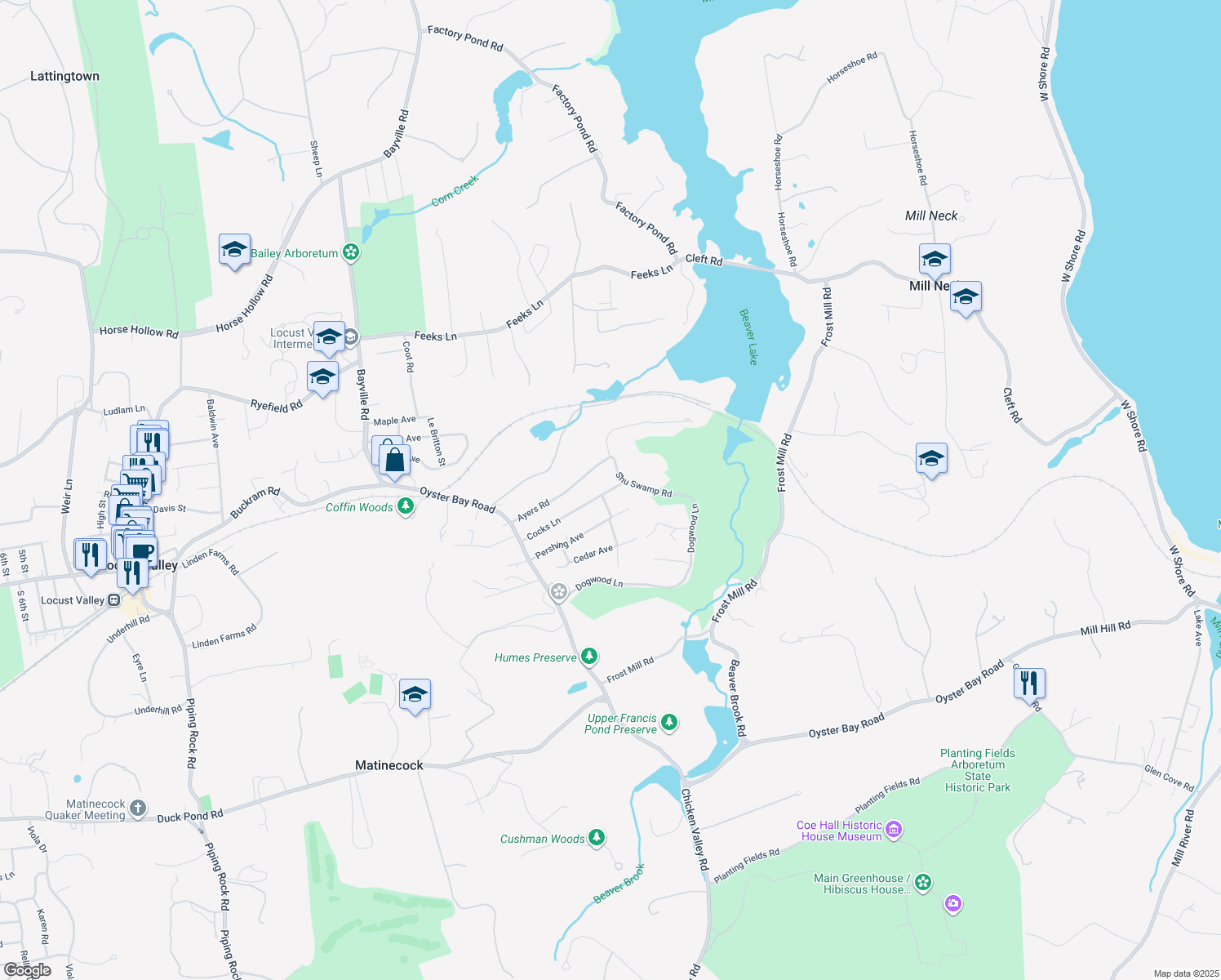 map of restaurants, bars, coffee shops, grocery stores, and more near 115 Cocks Lane in Locust Valley