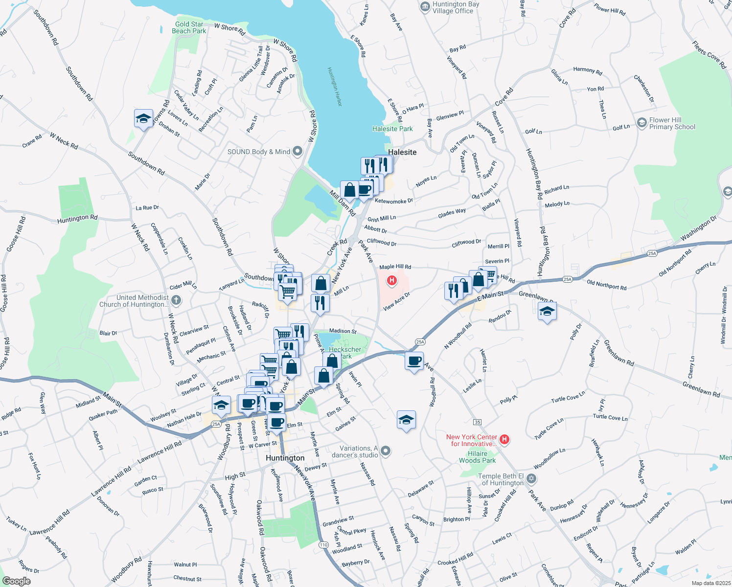 map of restaurants, bars, coffee shops, grocery stores, and more near 7 Compass Court in Huntington