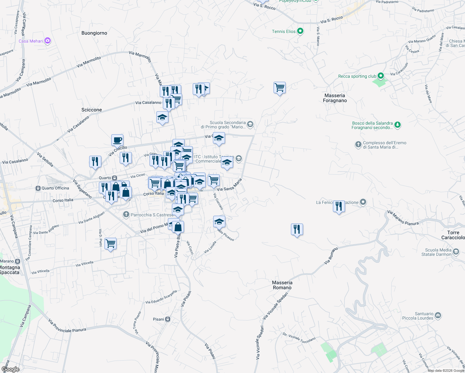 map of restaurants, bars, coffee shops, grocery stores, and more near 351 Via Santa Maria in Quarto