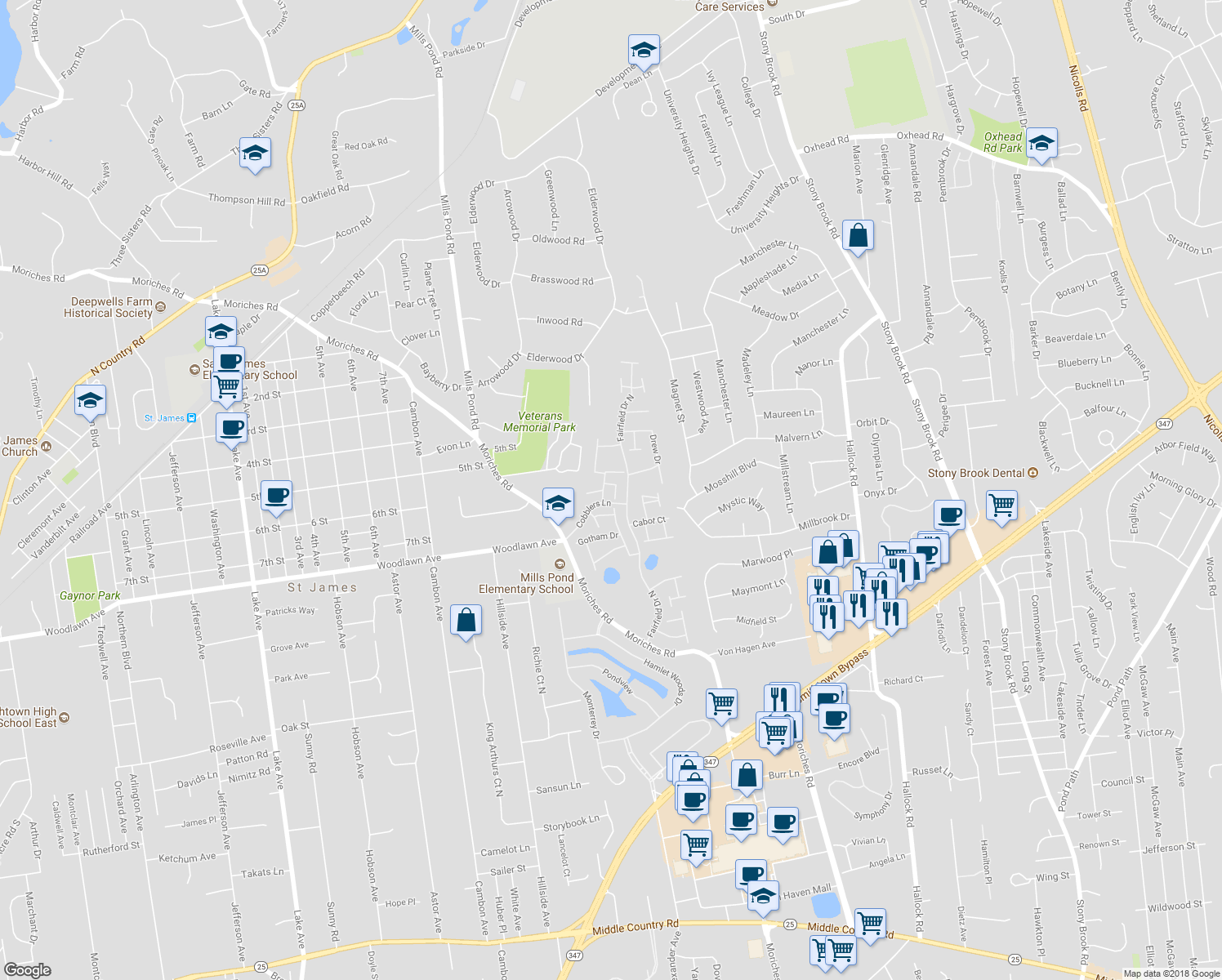 map of restaurants, bars, coffee shops, grocery stores, and more near 101 Flair Court East in Saint James