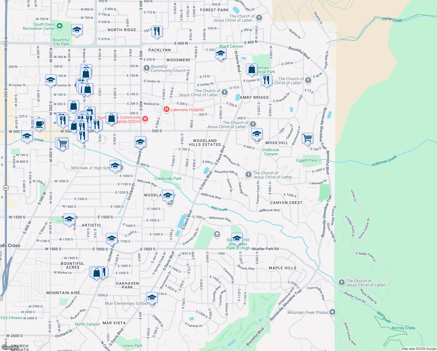 map of restaurants, bars, coffee shops, grocery stores, and more near 982 Bountiful Hills Dr in Bountiful