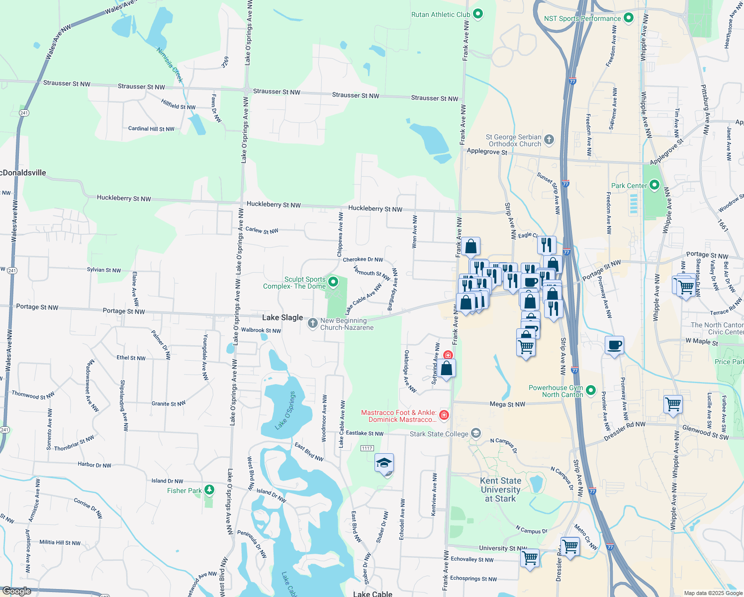 map of restaurants, bars, coffee shops, grocery stores, and more near 5407 Chianti Street Northwest in North Canton