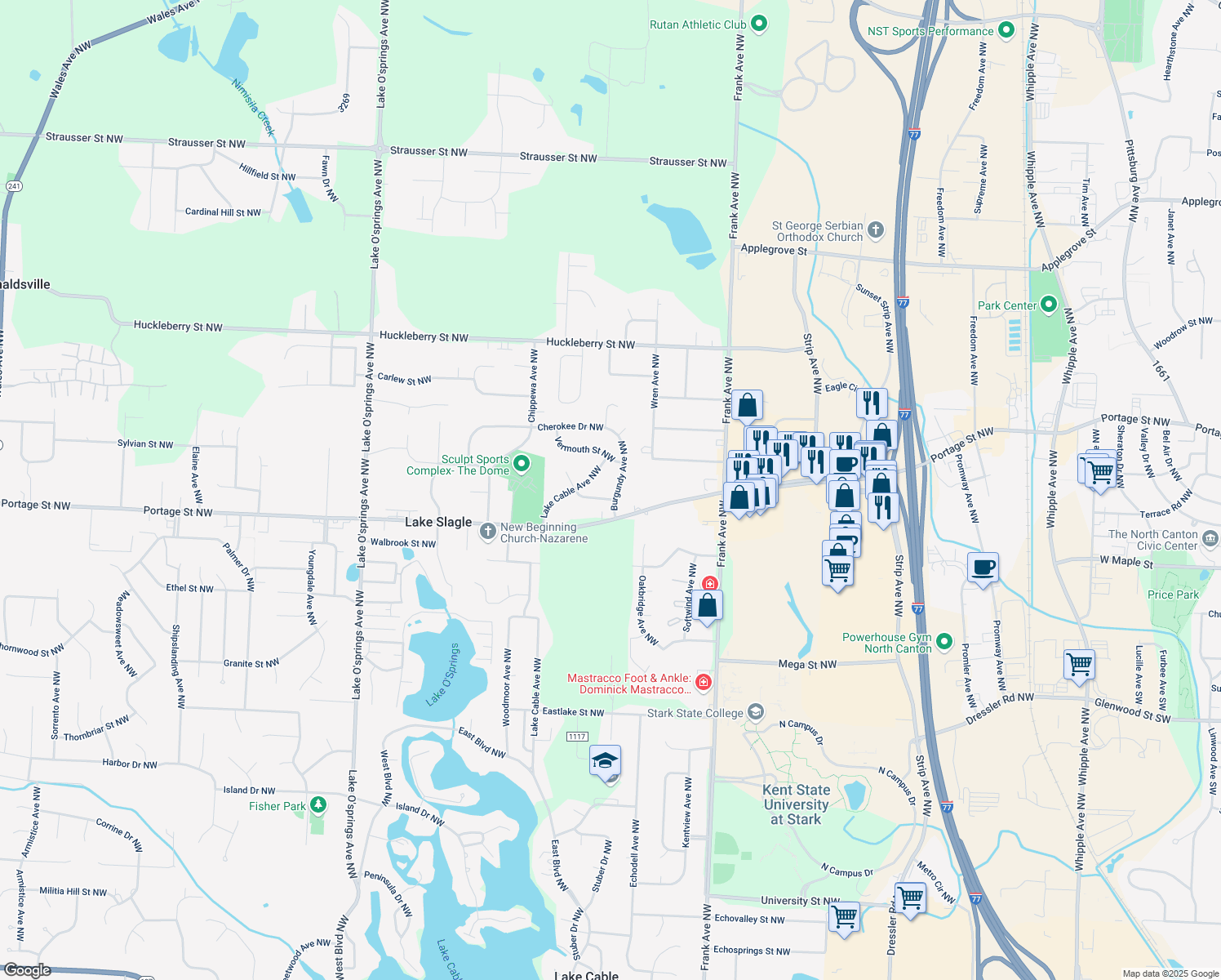 map of restaurants, bars, coffee shops, grocery stores, and more near 6777 Burgundy Avenue Northwest in North Canton