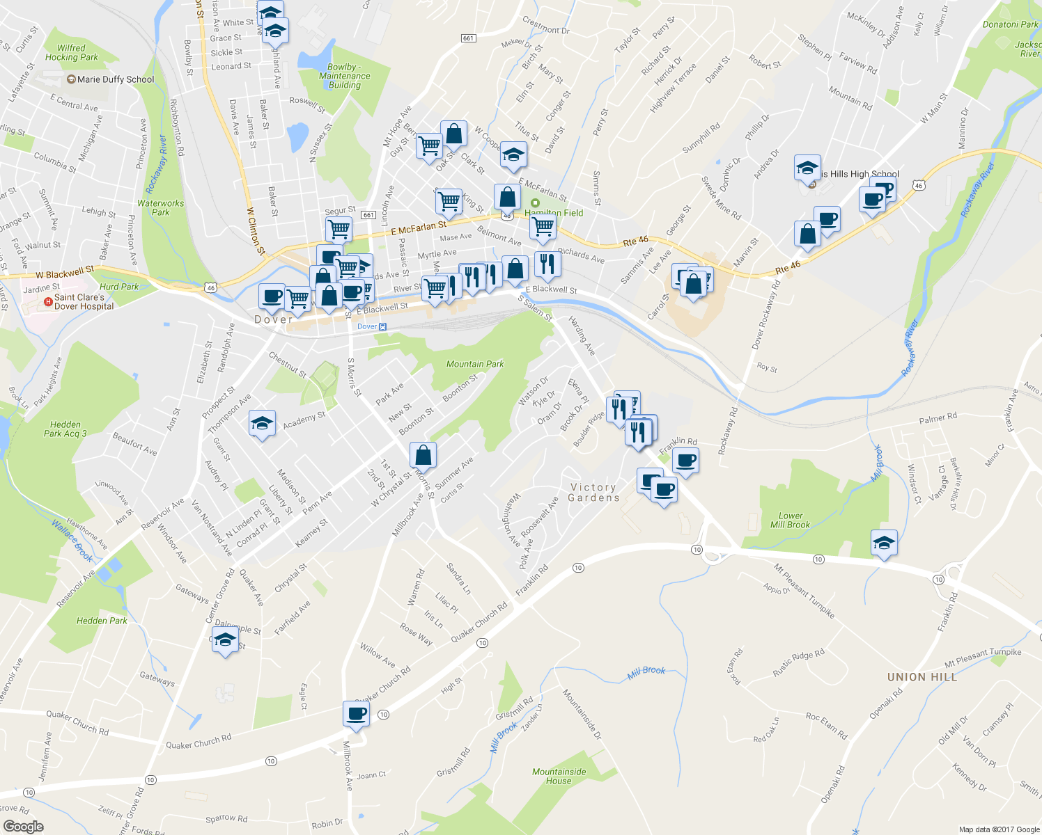 map of restaurants, bars, coffee shops, grocery stores, and more near 122 Watson Drive in Dover