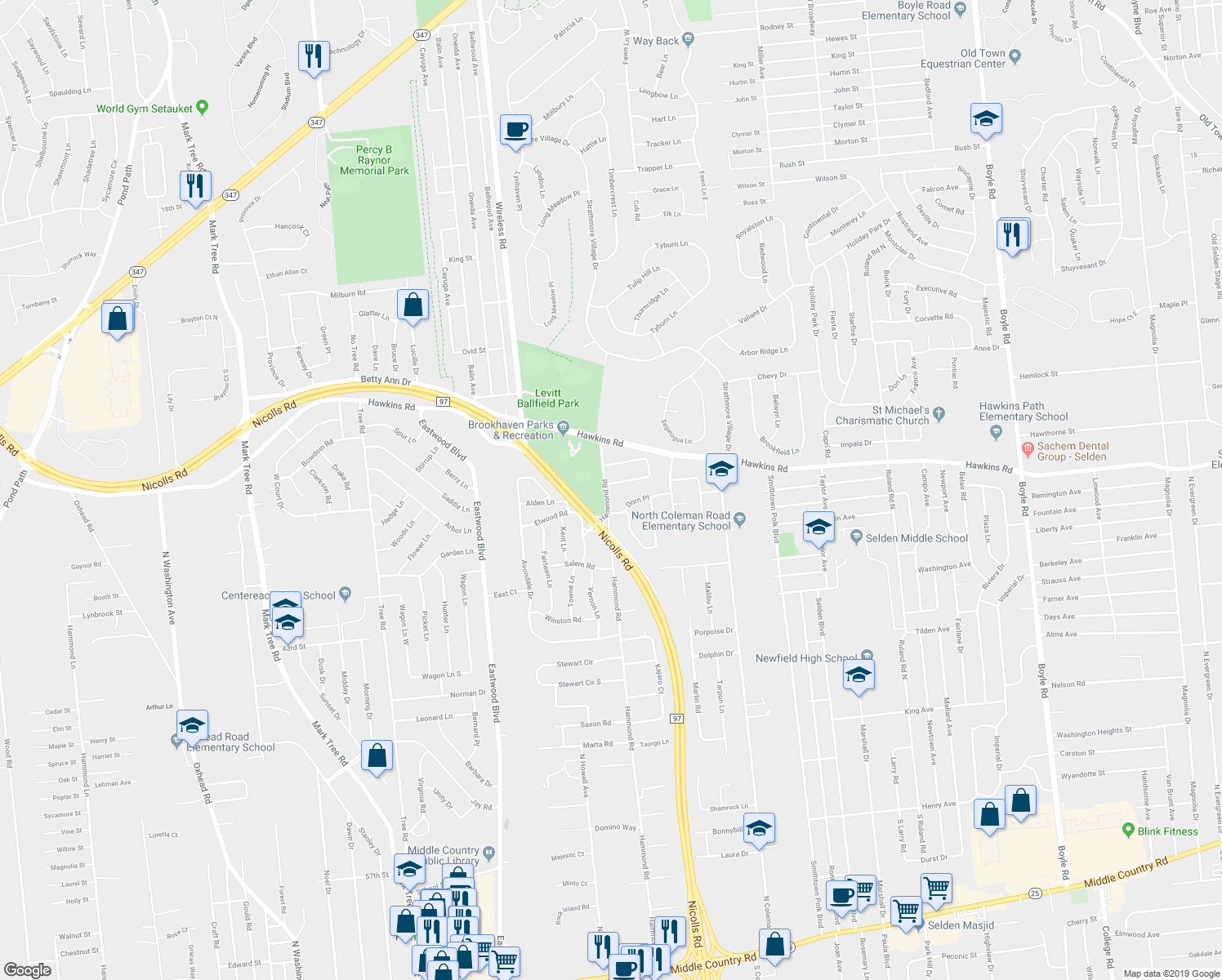 map of restaurants, bars, coffee shops, grocery stores, and more near 185 Hammond Road in Centereach