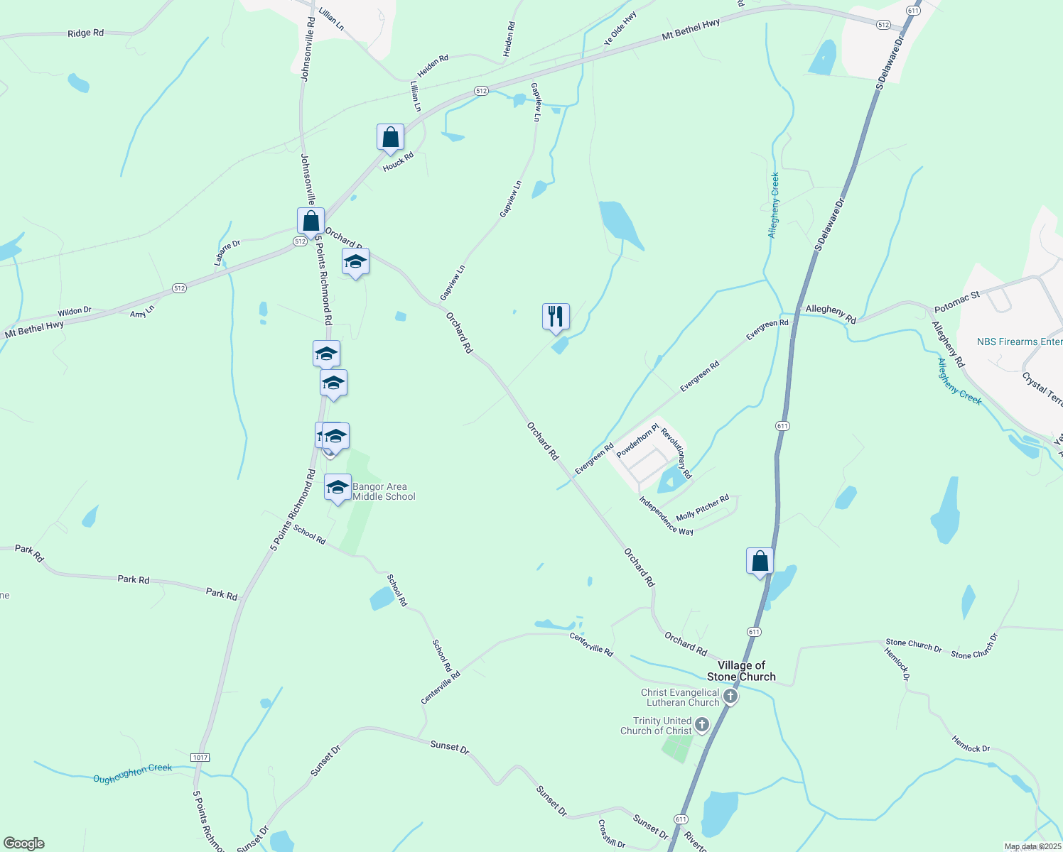 map of restaurants, bars, coffee shops, grocery stores, and more near 685 Orchard Road in Mount Bethel