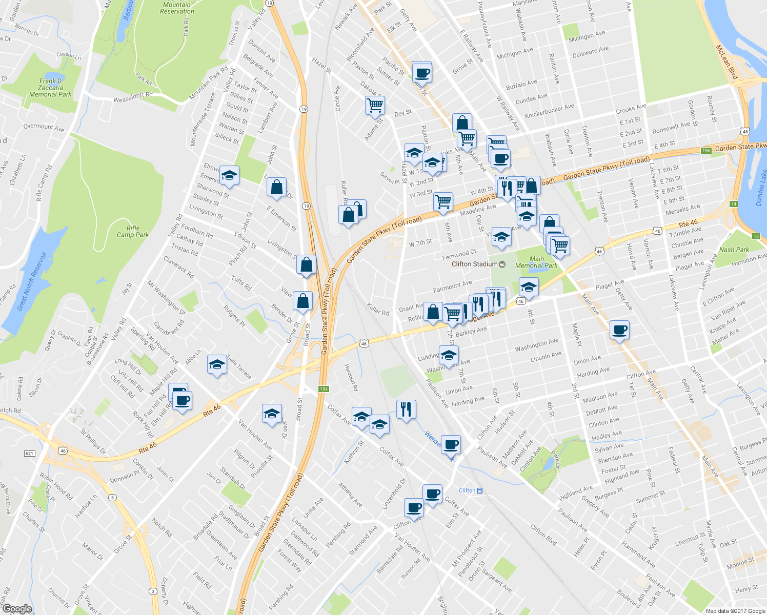 map of restaurants, bars, coffee shops, grocery stores, and more near 35 Hazel Street in Clifton