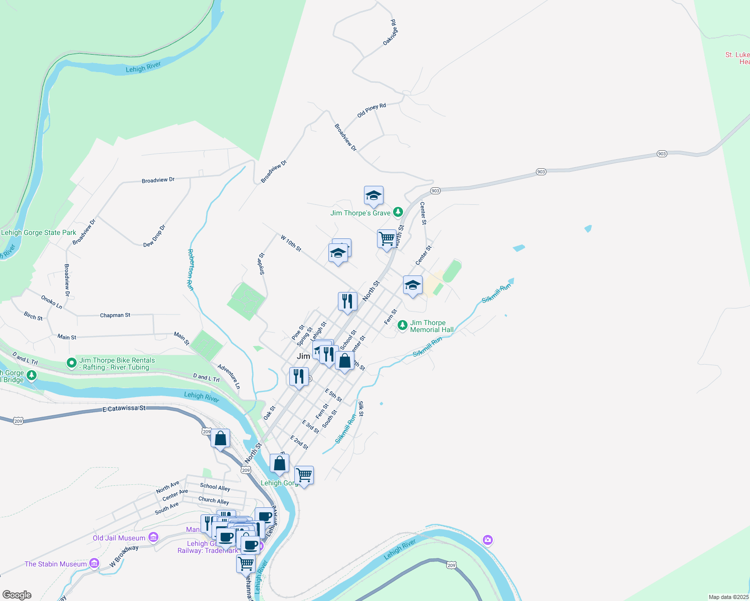 map of restaurants, bars, coffee shops, grocery stores, and more near 18 W 10th St in Jim Thorpe