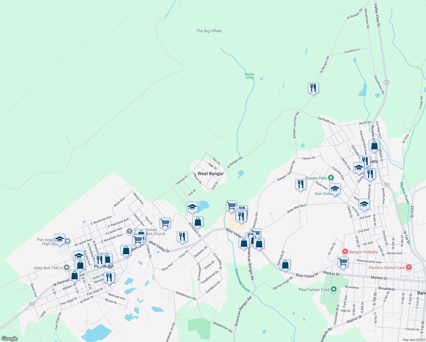 map of restaurants, bars, coffee shops, grocery stores, and more near 1507 Pine St in Pen Argyl