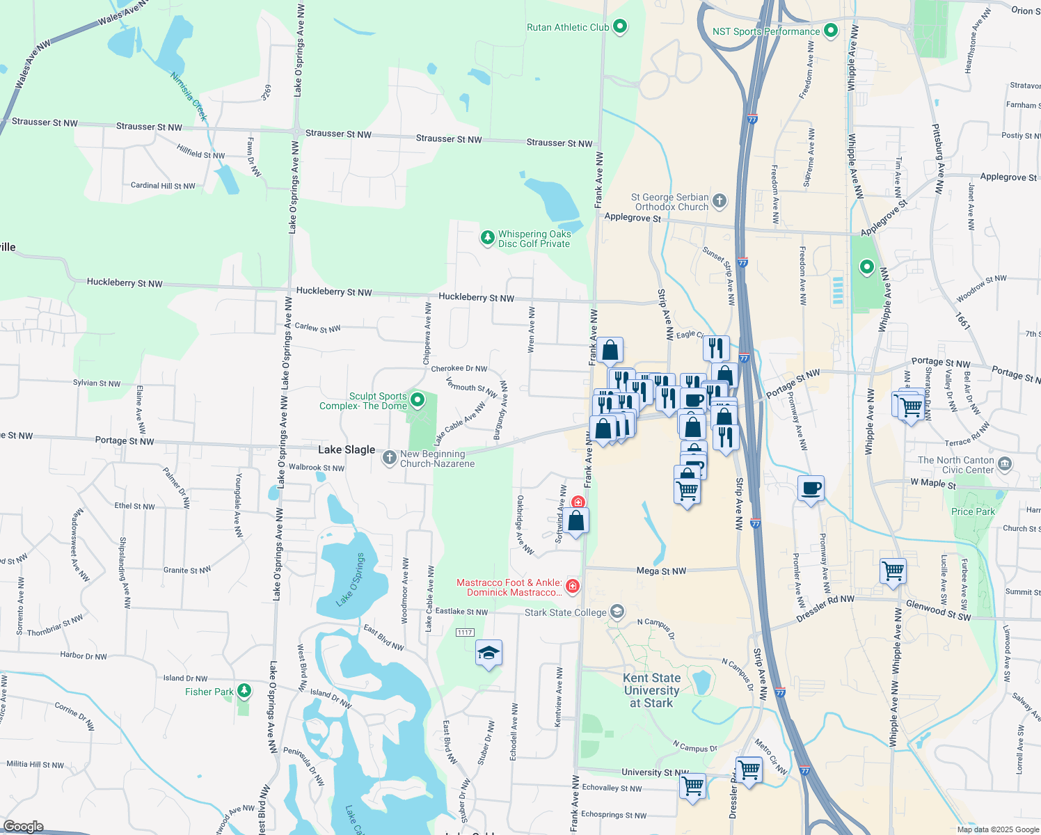 map of restaurants, bars, coffee shops, grocery stores, and more near 5231 Portage Street Northwest in North Canton