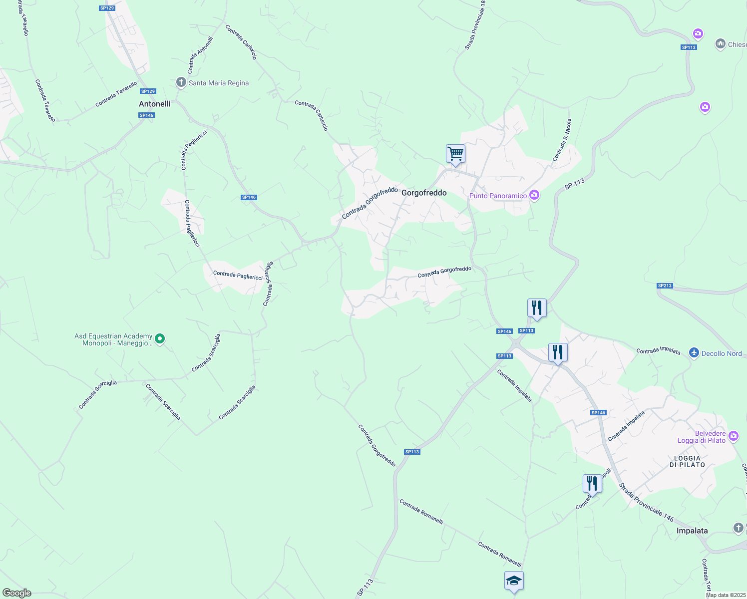 map of restaurants, bars, coffee shops, grocery stores, and more near 220 Contrada Gorgofreddo in Gorgofreddo