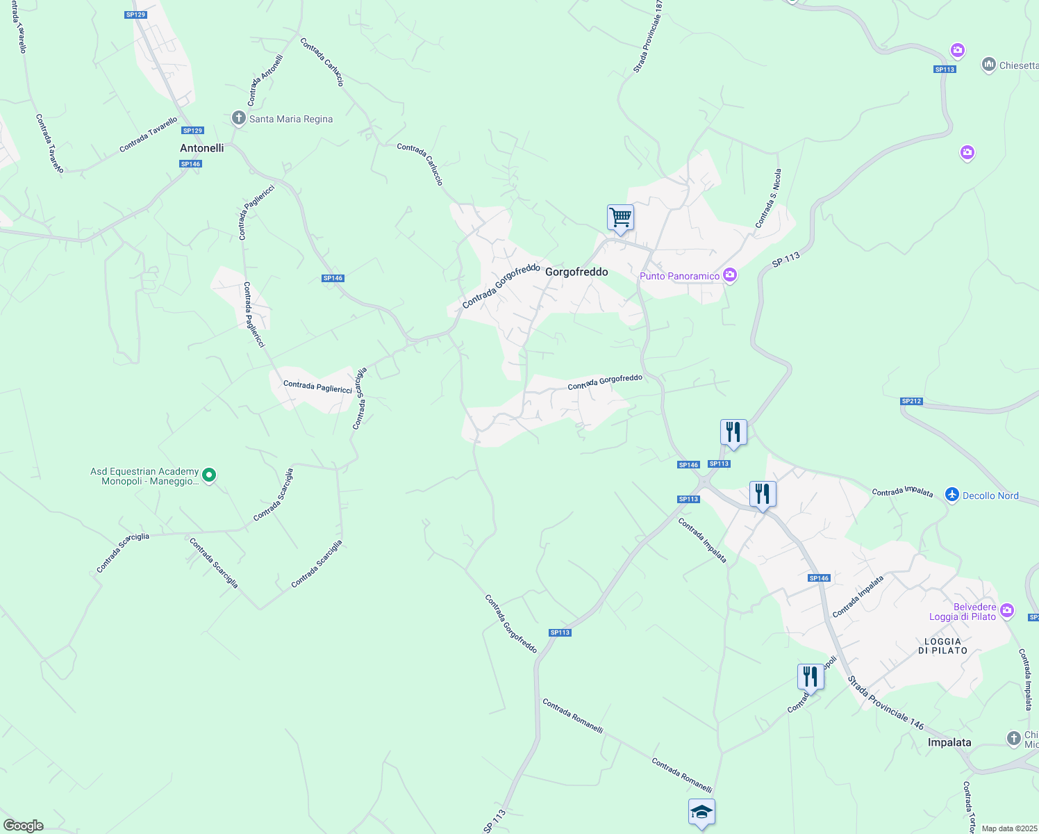 map of restaurants, bars, coffee shops, grocery stores, and more near 220 Contrada Gorgofreddo in Gorgofreddo