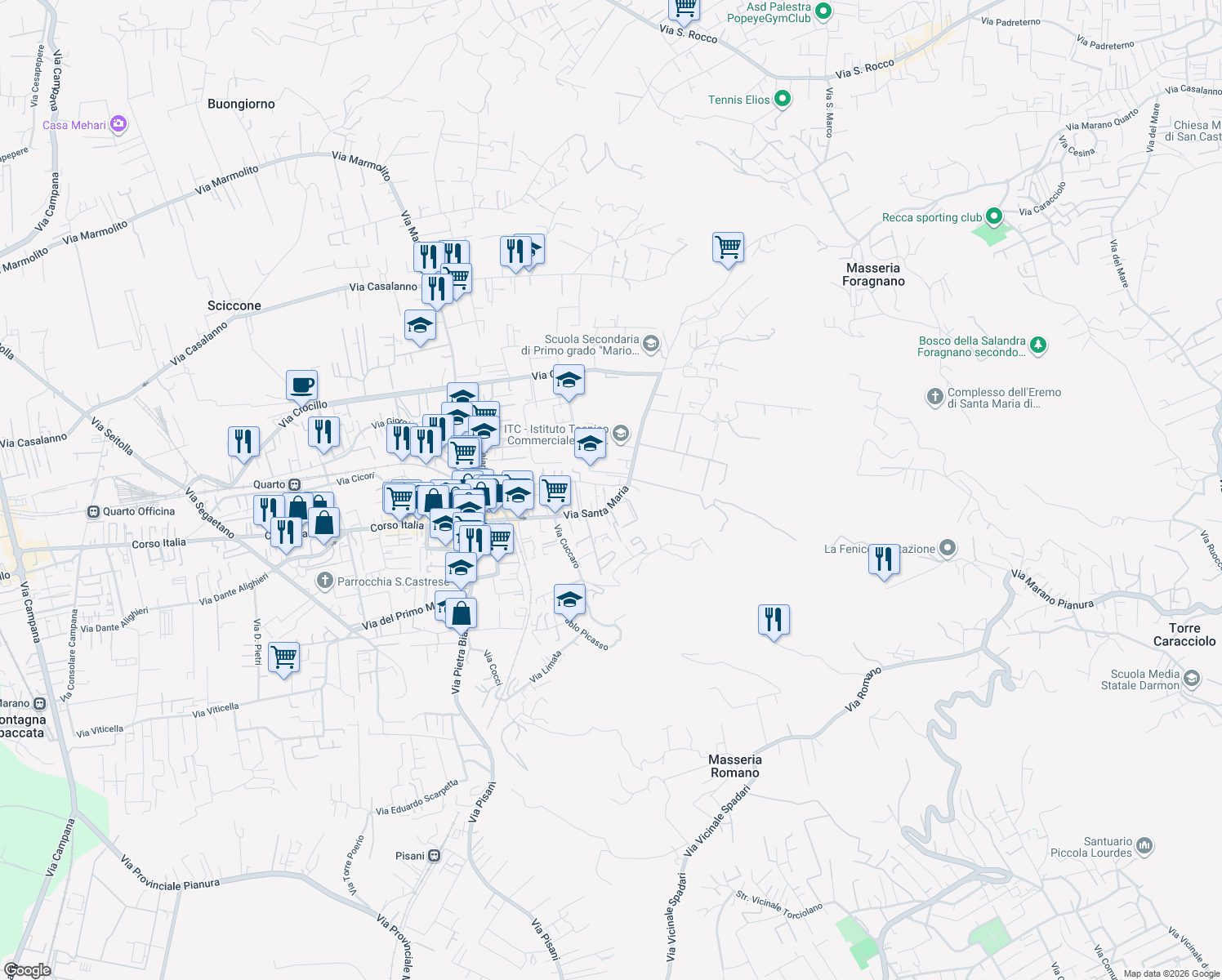 map of restaurants, bars, coffee shops, grocery stores, and more near 351 Via Santa Maria in Quarto