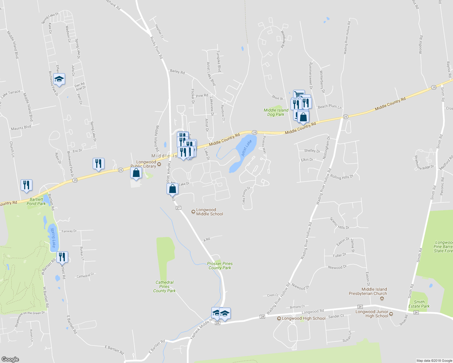 map of restaurants, bars, coffee shops, grocery stores, and more near 64 Artist Lake Drive in Middle Island
