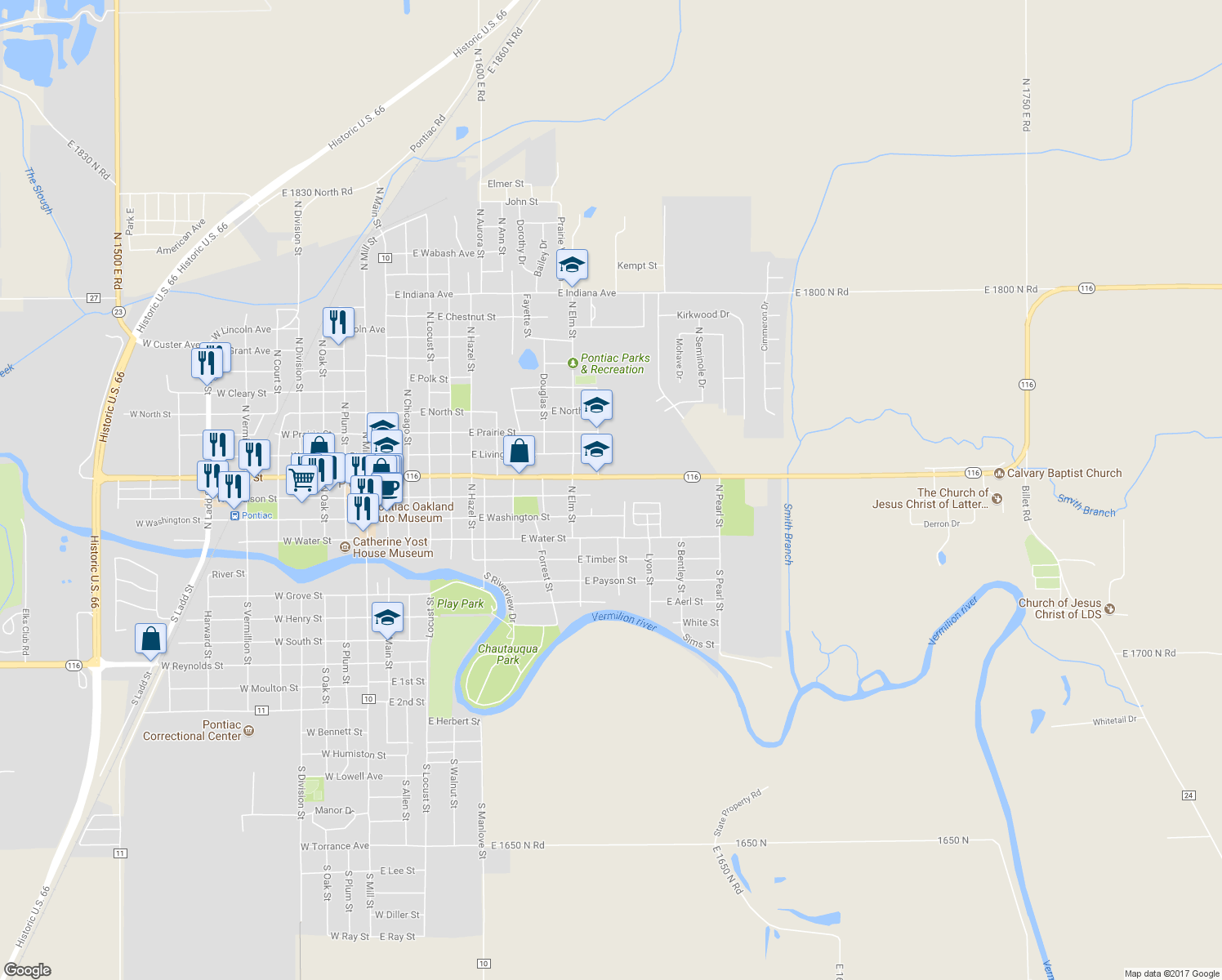 map of restaurants, bars, coffee shops, grocery stores, and more near 1010 East Howard Street in Pontiac
